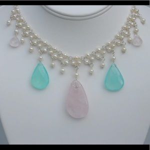 Handmade .925 Aqua Chalcedony Rose quartz Necklace